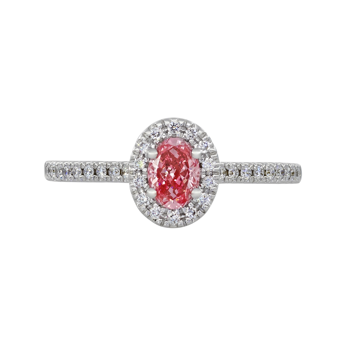 Anillo de compromiso halo oval, con diamante rosado de laboratorio central óvalo IGI de 0.50ct y decoración en diamantes de laboratorio, oro tono blanco 18k, rodinado