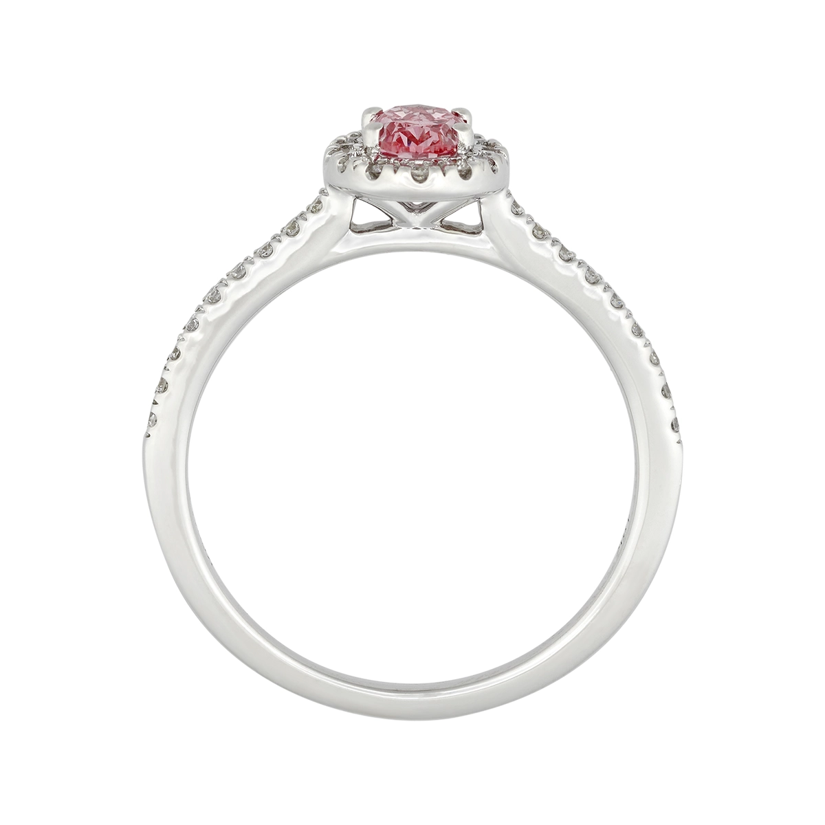 Anillo de compromiso halo oval, con diamante rosado de laboratorio central óvalo IGI de 0.50ct y decoración en diamantes de laboratorio, oro tono blanco 18k, rodinado