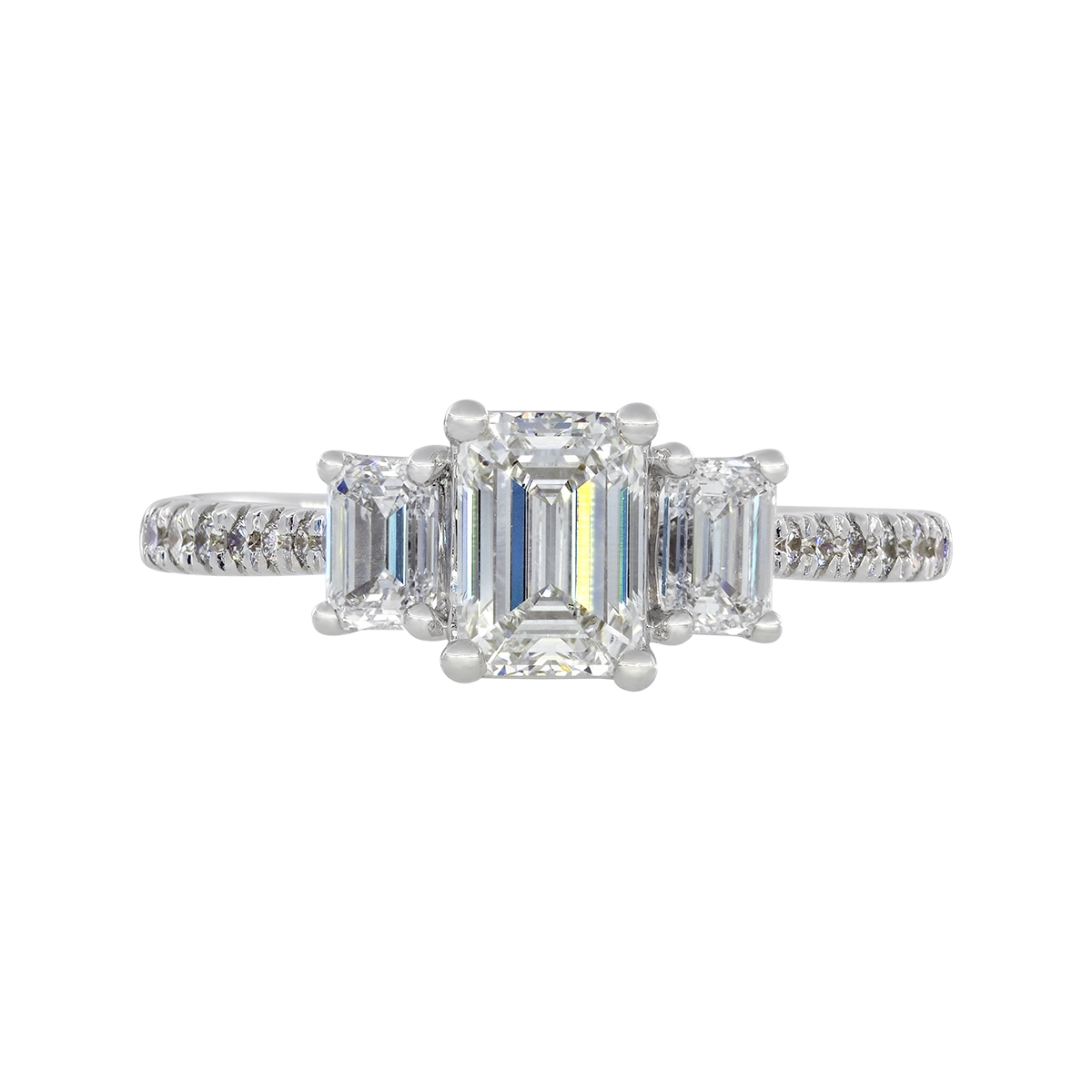 Anillo de compromiso con diamante de laboratorio central corte esmeralda IGI de 1.00ct y decoración en diamantes de laboratorio, oro tono blanco 18k, rodinado
