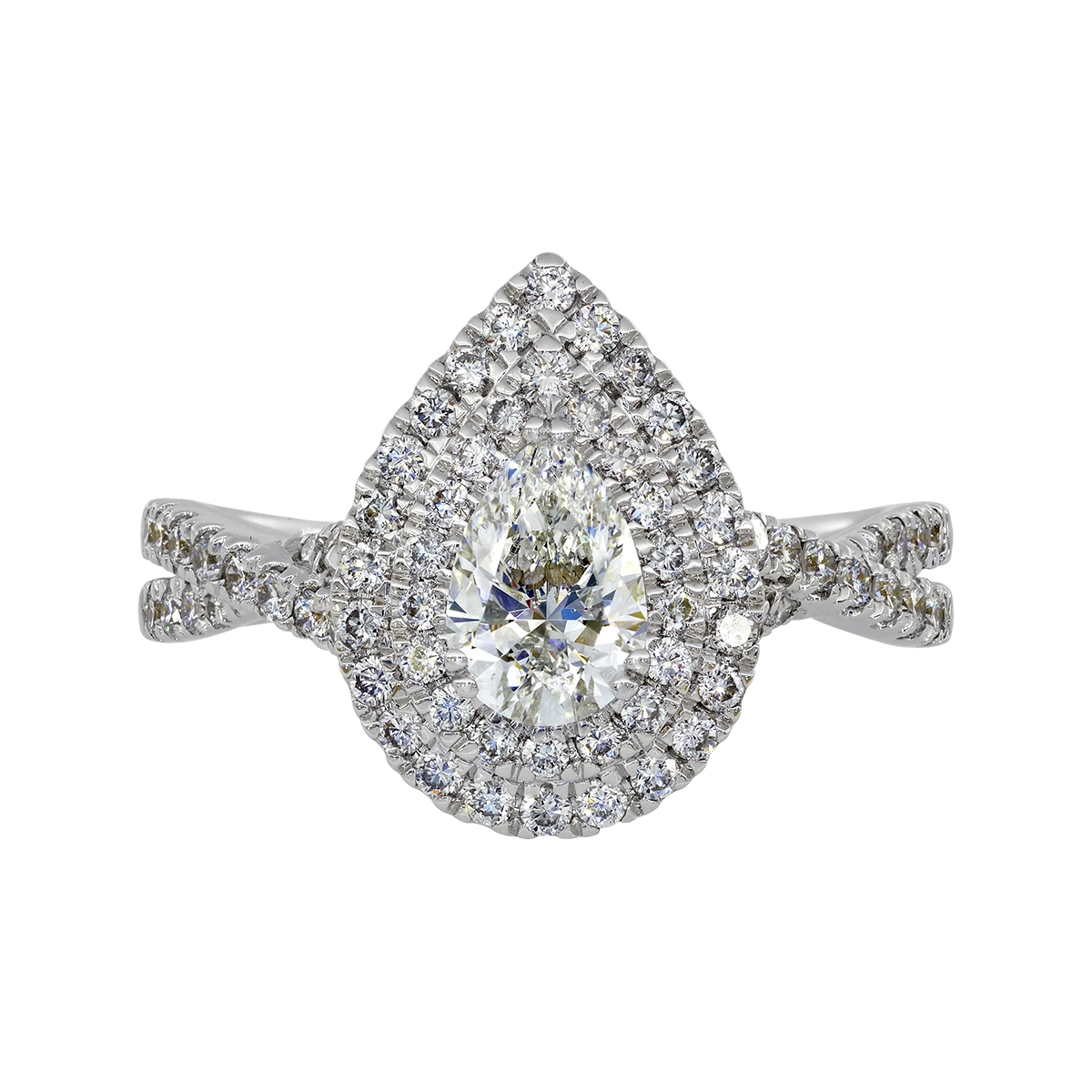 Anillo de compromiso halo doble, con diamante de laboratorio central pera IGI de 0.70ct y decoración en diamantes de laboratorio, oro tono blanco 18k