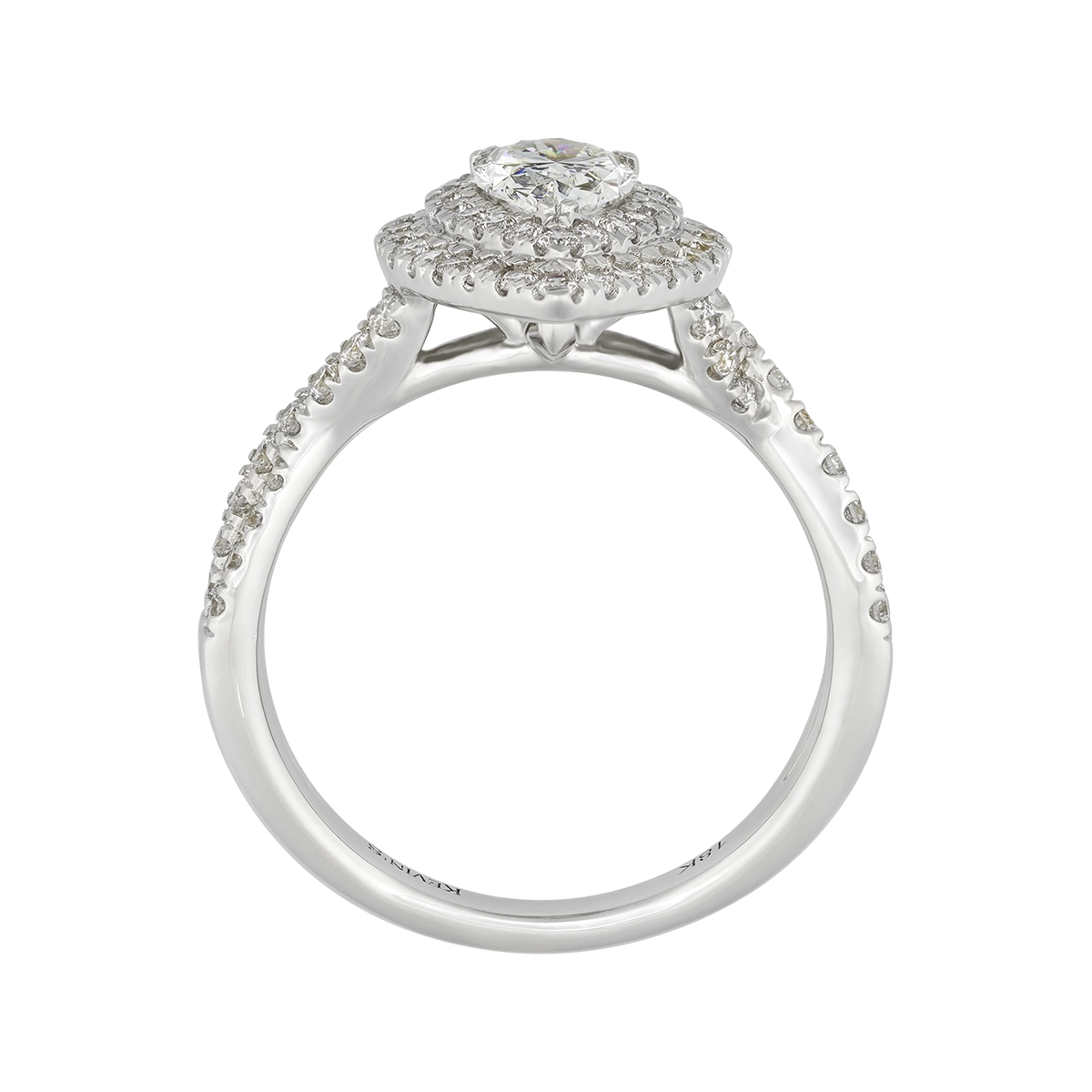 Anillo de compromiso halo doble, con diamante de laboratorio central pera IGI de 0.70ct y decoración en diamantes de laboratorio, oro tono blanco 18k
