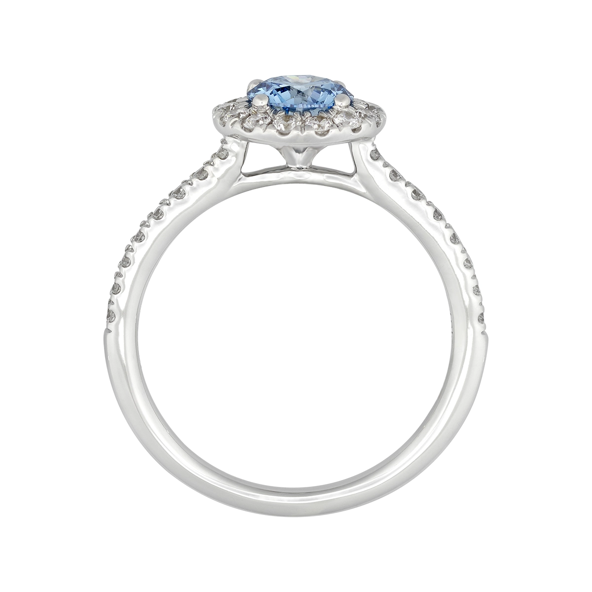 Anillo de compromiso halo redondo, con diamante rosado de laboratorio central redondo IGI de 0.75ct y decoración en diamantes de laboratorio, oro tono blanco 18k, rodinado