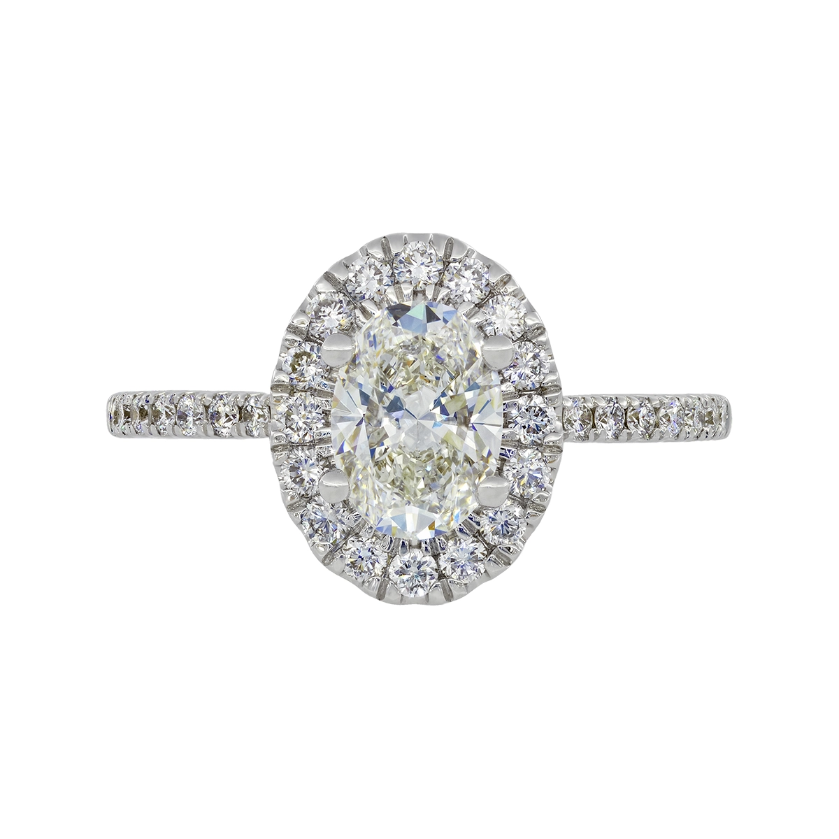 Anillo de compromiso halo oval, con diamante de laboratorio central óvalo IGI de 1.00ct y decoración en diamantes de laboratorio, oro tono blanco 18k, rodinado