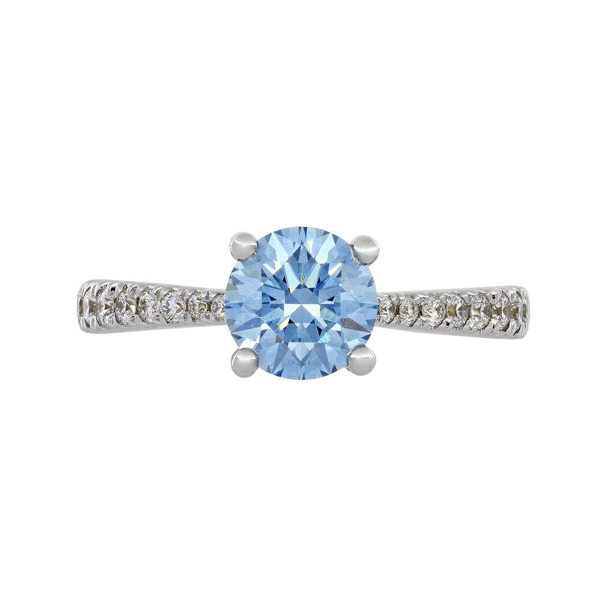 Anillo de compromiso con diamante azul de laboratorio central redondo IGI de 1.00ct y decoración en diamantes de laboratorio, oro tono blanco 18k, rodinado