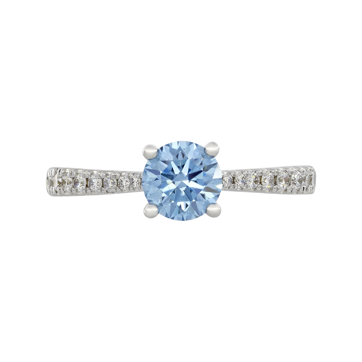 Anillo de compromiso con diamante azul de laboratorio central redondo IGI de 0.75ct y decoración en diamantes de laboratorio, oro tono blanco 18k, rodinado