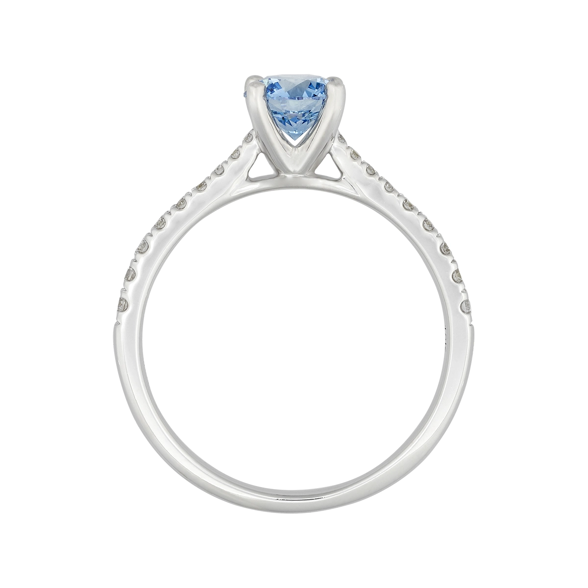 Anillo de compromiso con diamante azul de laboratorio central redondo IGI de 0.75ct y decoración en diamantes de laboratorio, oro tono blanco 18k, rodinado