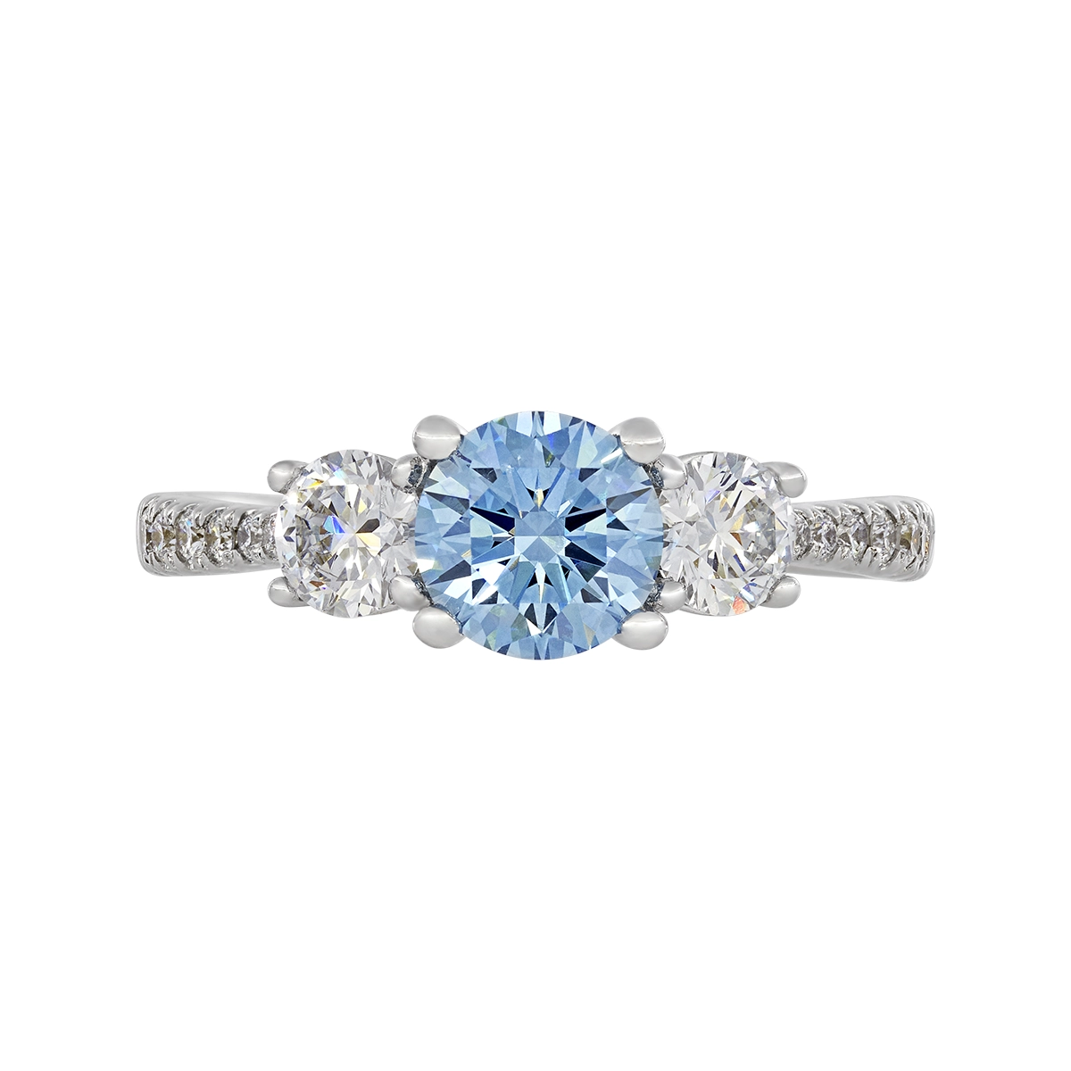 Anillo de compromiso con diamante azul de laboratorio central redondo IGI de 1.00ct y decoración en diamantes de laboratorio, oro tono blanco 18k, rodinado