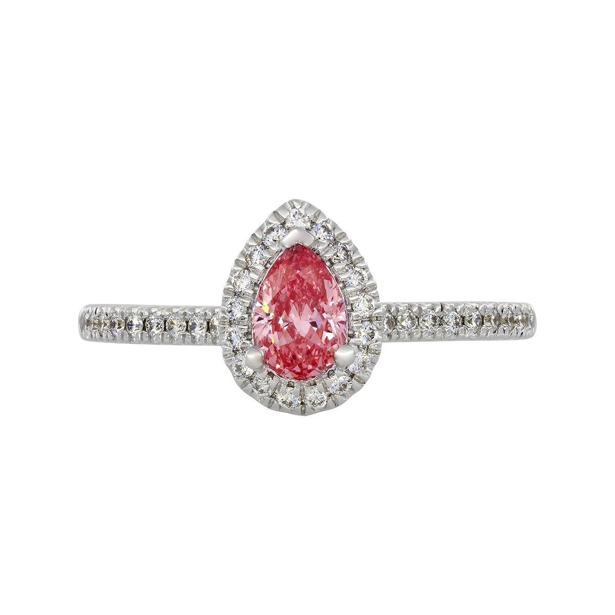 Anillo de compromiso halo pera, con diamante rosado de laboratorio central pera IGI de 0.50ct y decoración en diamantes de laboratorio, oro tono blanco 18k, rodinado