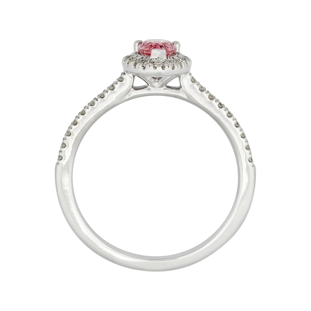 Anillo de compromiso halo pera, con diamante rosado de laboratorio central pera IGI de 0.50ct y decoración en diamantes de laboratorio, oro tono blanco 18k, rodinado