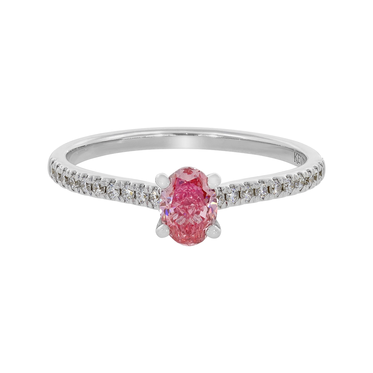 Anillo de compromiso con diamante rosado de laboratorio central óvalo IGI de 0.50ct y decoración en diamantes de laboratorio, oro tono blanco 18k, rodinado