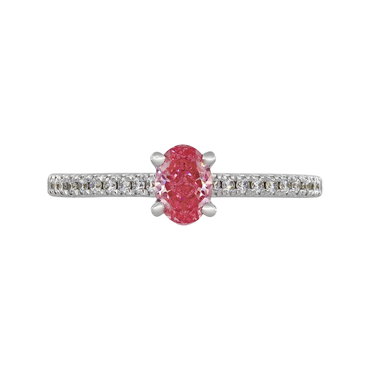 Anillo de compromiso con diamante rosado de laboratorio central óvalo IGI de 0.50ct y decoración en diamantes de laboratorio, oro tono blanco 18k, rodinado