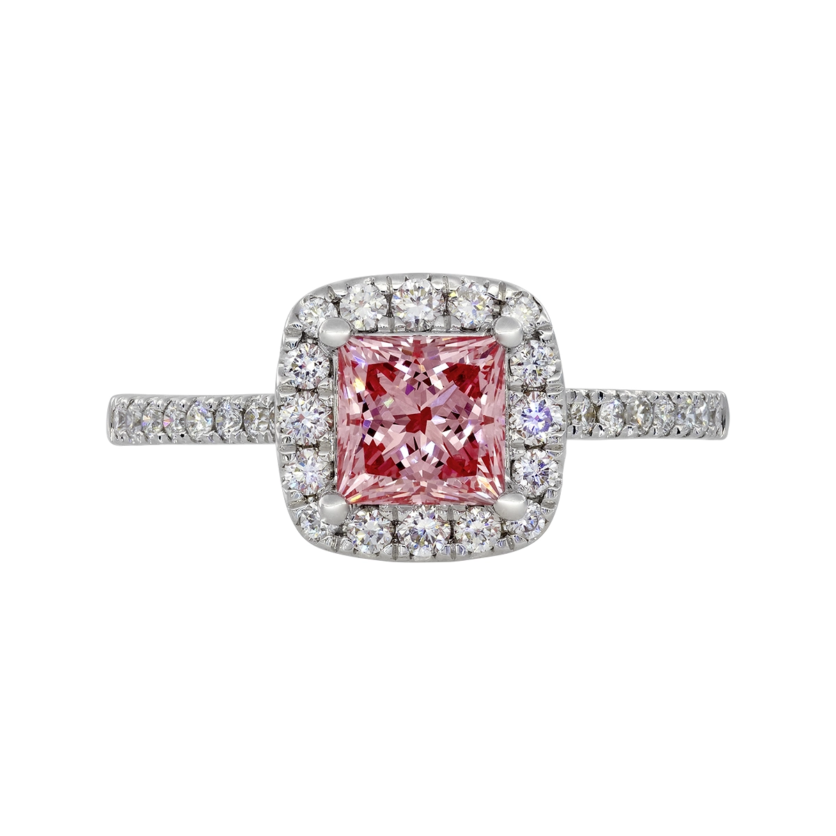 Anillo de compromiso halo cuadrado, con diamante rosado de laboratorio central princess IGI de 1.00ct y decoración en diamantes de laboratorio, oro tono blanco 18k, rodinado