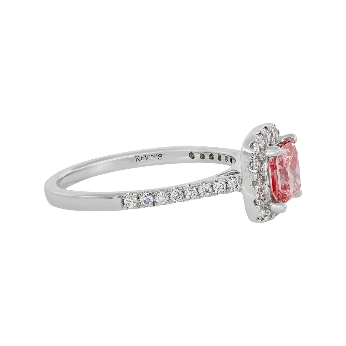 Anillo de compromiso halo cuadrado, con diamante rosado de laboratorio central princess IGI de 1.00ct y decoración en diamantes de laboratorio, oro tono blanco 18k, rodinado