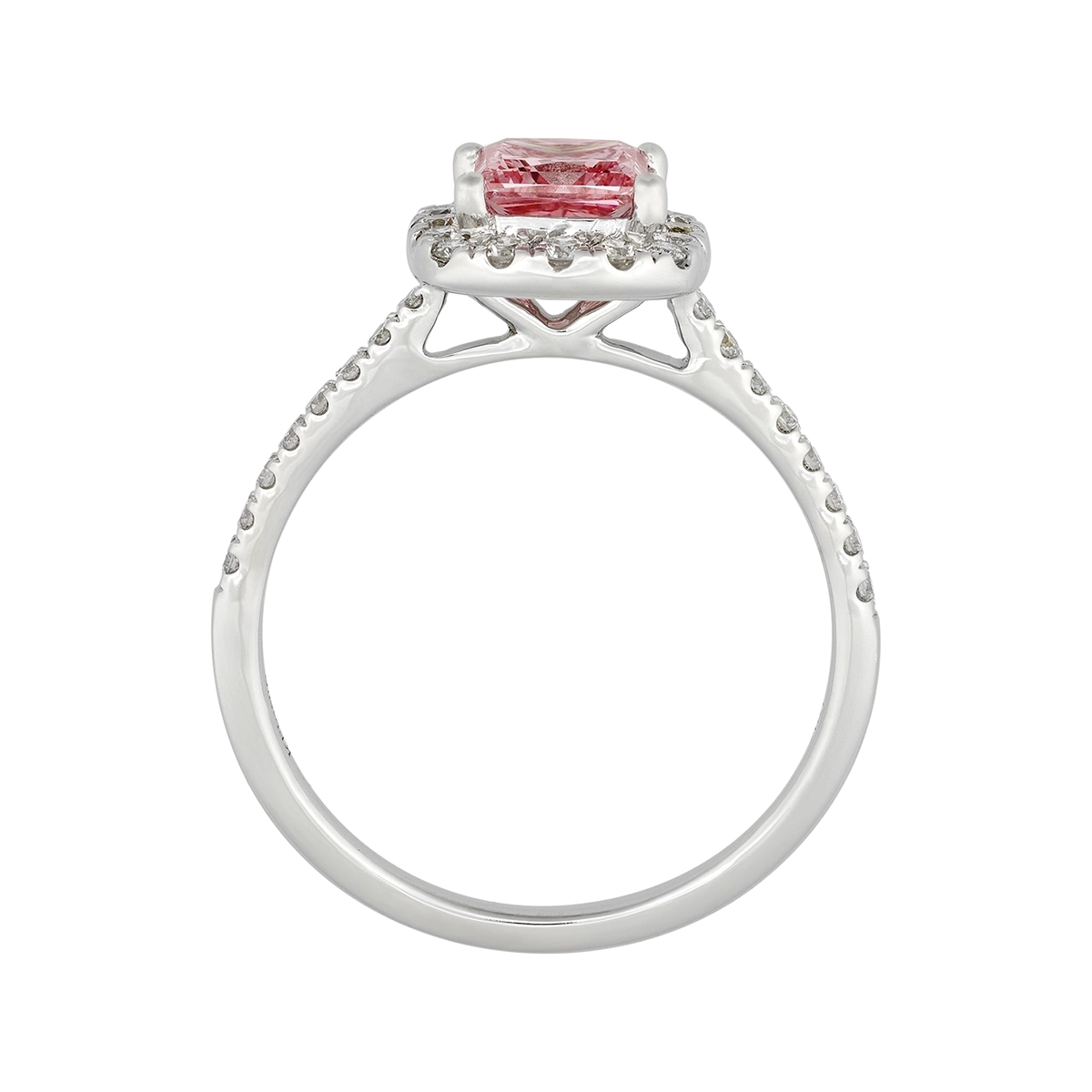 Anillo de compromiso halo cuadrado, con diamante rosado de laboratorio central princess IGI de 1.00ct y decoración en diamantes de laboratorio, oro tono blanco 18k, rodinado