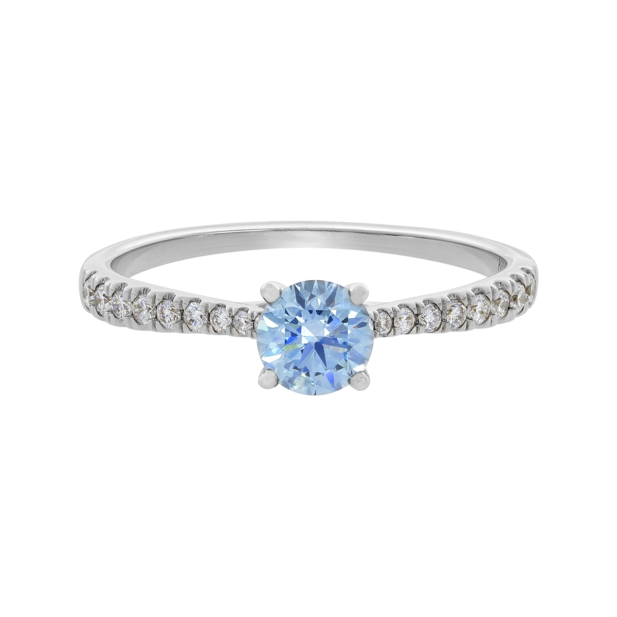 Anillo de compromiso con diamante azul de laboratorio central redondo IGI de 0.50ct y decoración en diamantes de laboratorio, oro tono blanco 18k, rodinado