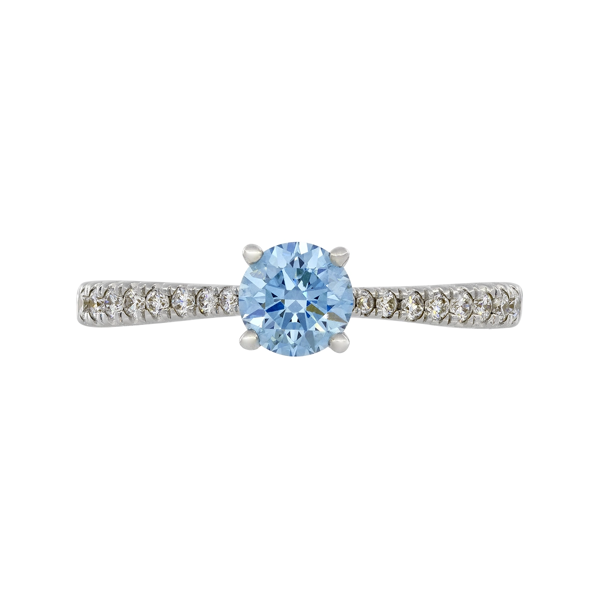 Anillo de compromiso con diamante azul de laboratorio central redondo IGI de 0.50ct y decoración en diamantes de laboratorio, oro tono blanco 18k, rodinado