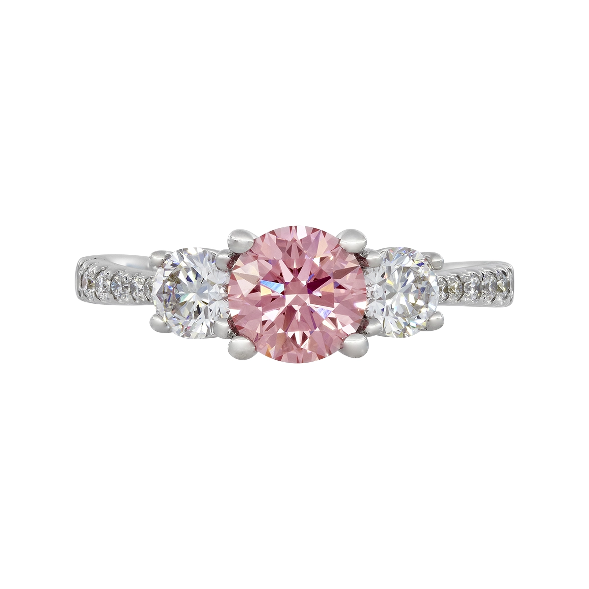 Anillo de compromiso con diamante rosado de laboratorio central redondo IGI de 1.00ct y decoración en diamantes de laboratorio, oro tono blanco 18k, rodinado
