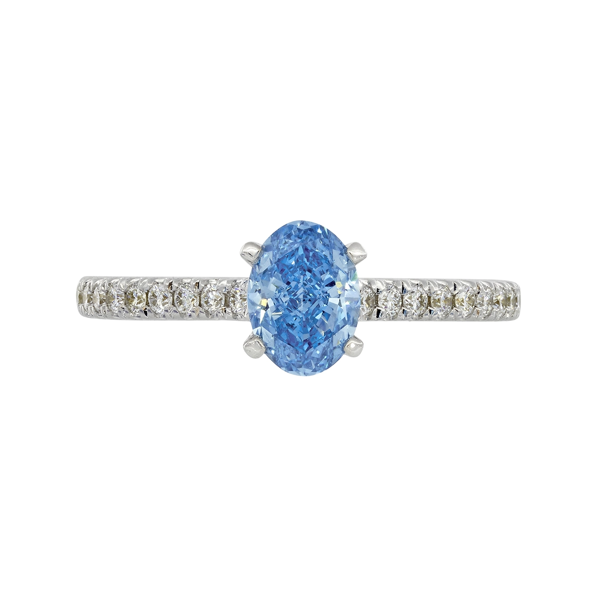 Anillo de compromiso con diamante azul de laboratorio central óvalo IGI de 0.75ct y decoración en diamantes de laboratorio, oro tono blanco 18k, rodinado