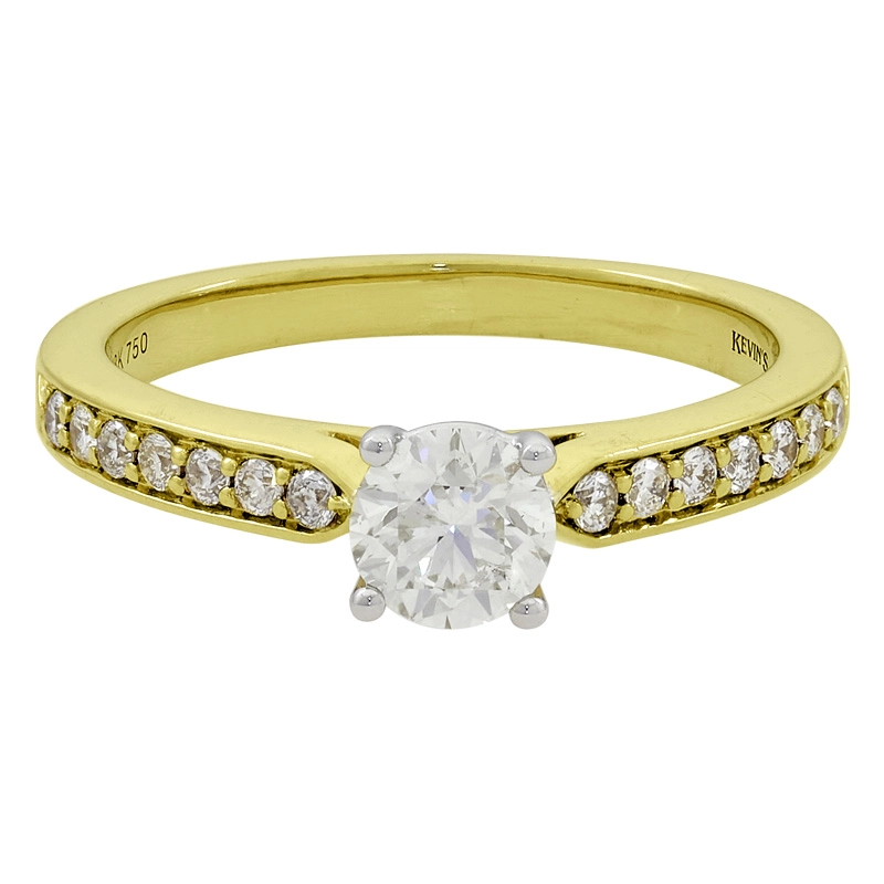 Anillo de compromiso con diamante central redondo GIA de 0.50ct y decoración en diamantes, oro 2 tonos 18k, rodinado