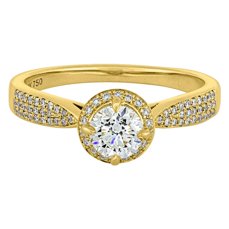 Anillo de compromiso halo redondo, con diamante central redondo GIA de 0.50ct y decoración en diamantes, oro tono amarillo 18k