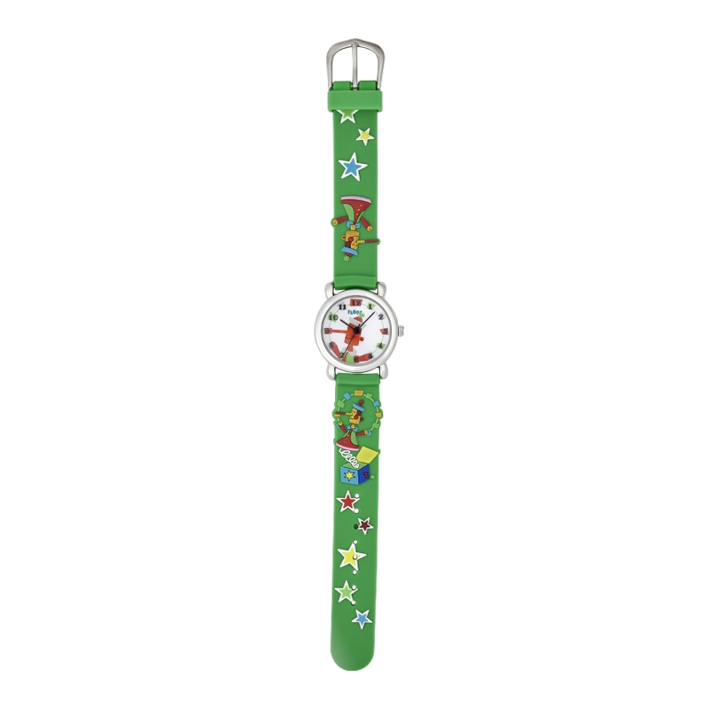 Reloj Flopy analogo, para Niño(a), tablero redondo color blanco, estilo arabigos, pulso silicona color verde