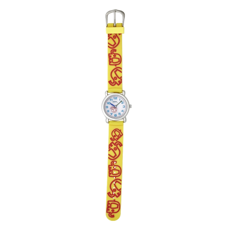 Reloj Flopy analogo, para Niño(a), tablero redondo color blanco, estilo arabigos, pulso plastico color amarillo