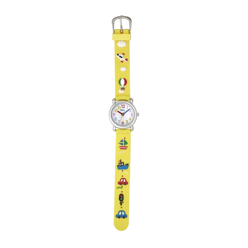 Reloj Flopy analogo, para Niño(a), tablero redondo color blanco, estilo arabigos, pulso plastico color amarillo
