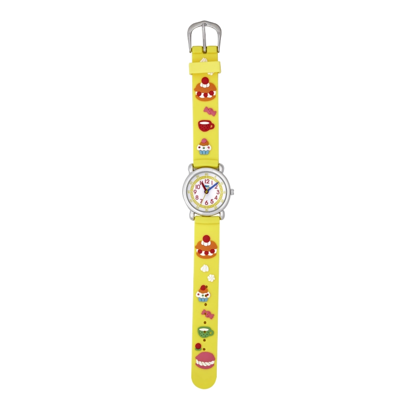 Reloj Flopy analogo, para Niño(a), tablero redondo color blanco, estilo arabigos, pulso plastico color amarillo