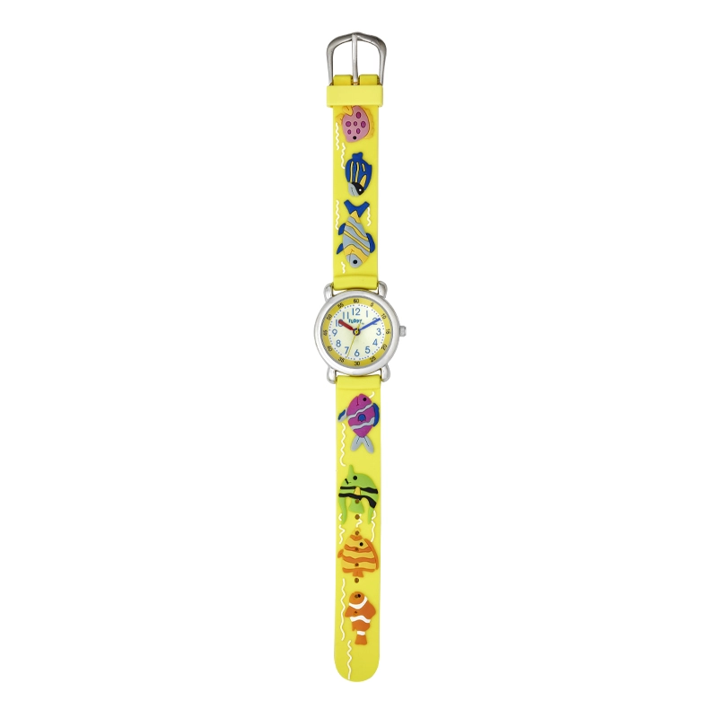 Reloj Flopy analogo, para Niño(a), tablero redondo color blanco, estilo arabigos, pulso plastico color amarillo