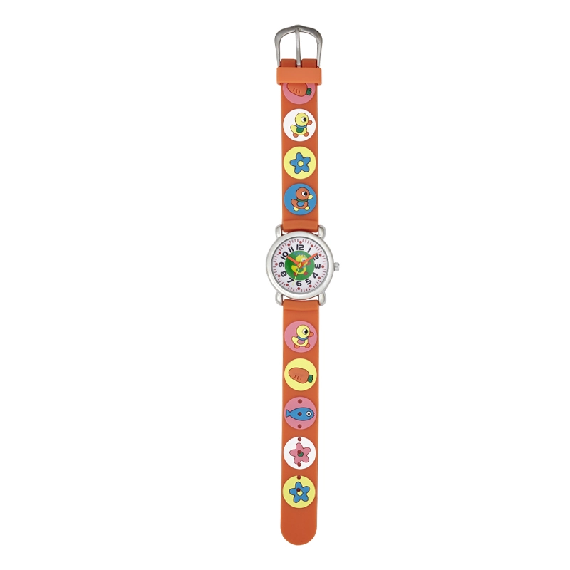 Reloj Flopy analogo, para Niño(a), tablero redondo color blanco, estilo arabigos, pulso plastico color naranja
