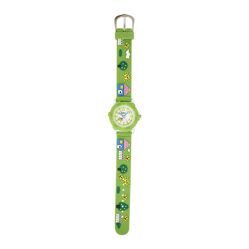 Reloj Flopy analogo, para Niño(a), tablero redondo color blanco, estilo arabigos, pulso silicona color verde