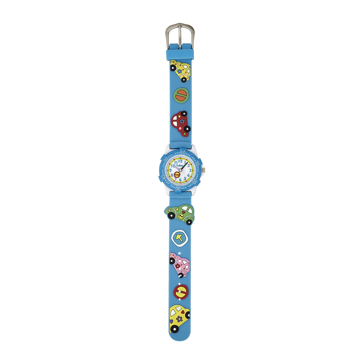 Reloj Flopy analogo, para Niño(a), tablero redondo colores blanco y azul, estilo arabigos, pulso silicona color azul