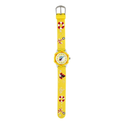Reloj Flopy analogo, para Niño(a), tablero redondo color blanco, estilo arabigos, pulso silicona color amarillo