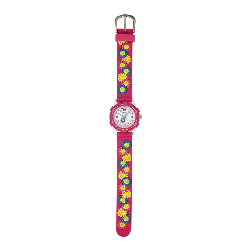 Reloj Flopy analogo, para Niño(a), tablero redondo colores rosado y blanco, estilo arabigos, pulso plastico color rosado