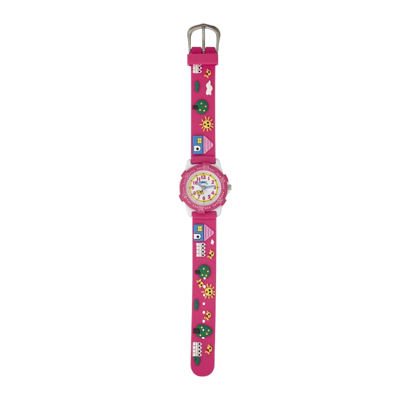 Reloj Flopy analogo, para Niño(a), tablero redondo colores blanco y rosado, estilo arabigos, pulso silicona color rosado
