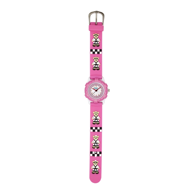 Reloj Flopy analogo, para Niño(a), tablero redondo color blanco, estilo arabigos, pulso silicona color rosado