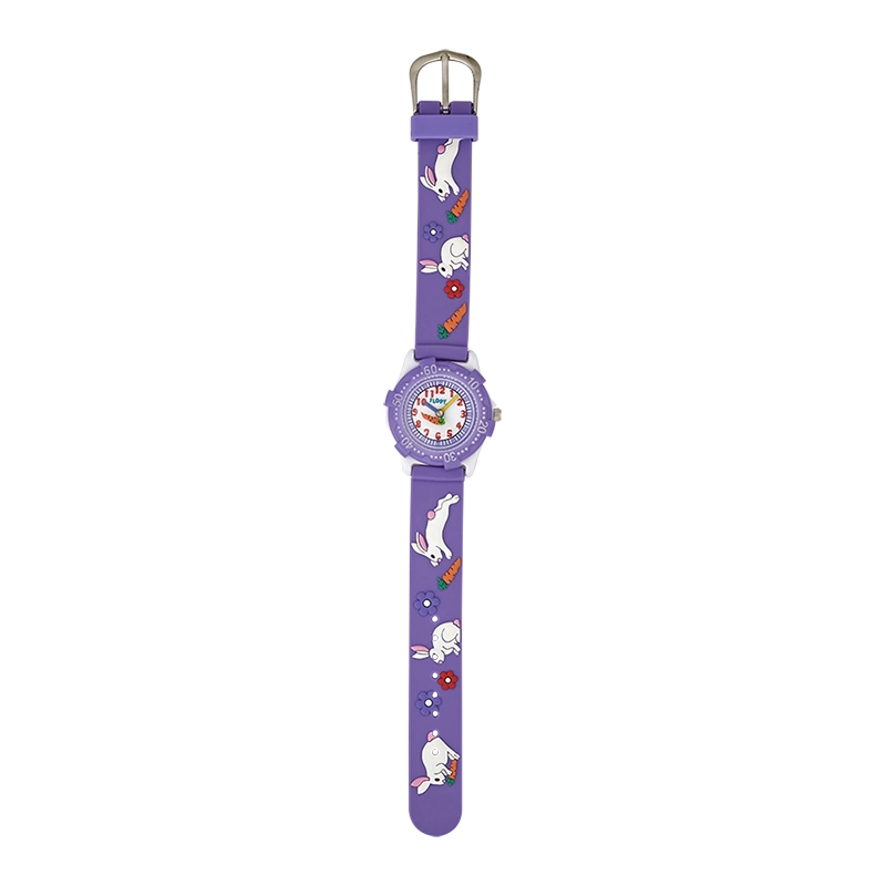 Reloj Flopy analogo, para Niño(a), tablero redondo color blanco, estilo arabigos, pulso silicona color morado