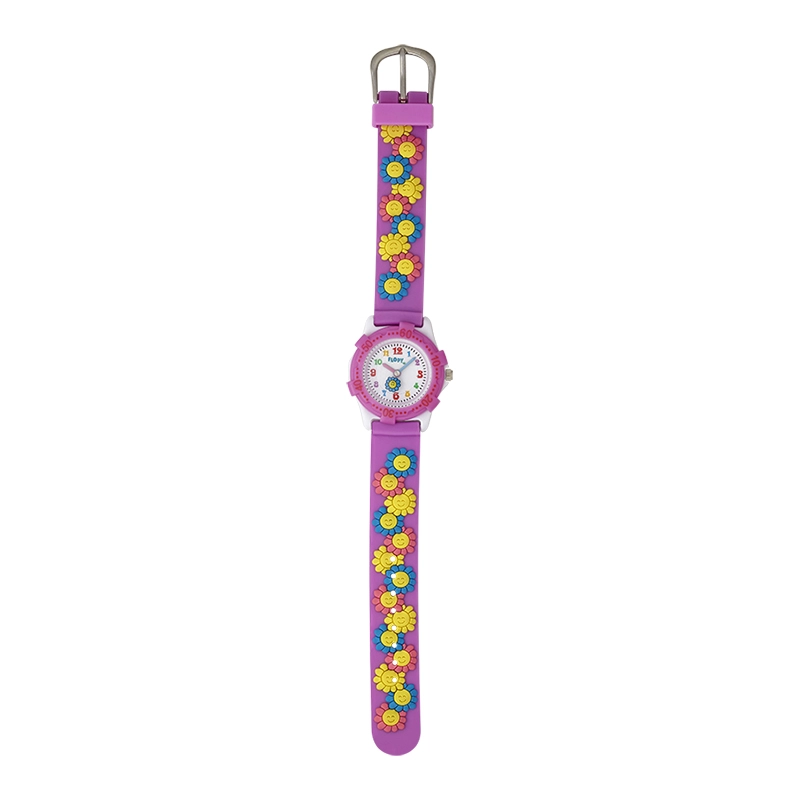 Reloj Flopy analogo, para Niño(a), tablero redondo colores blanco y morado, estilo arabigos, pulso silicona color morado