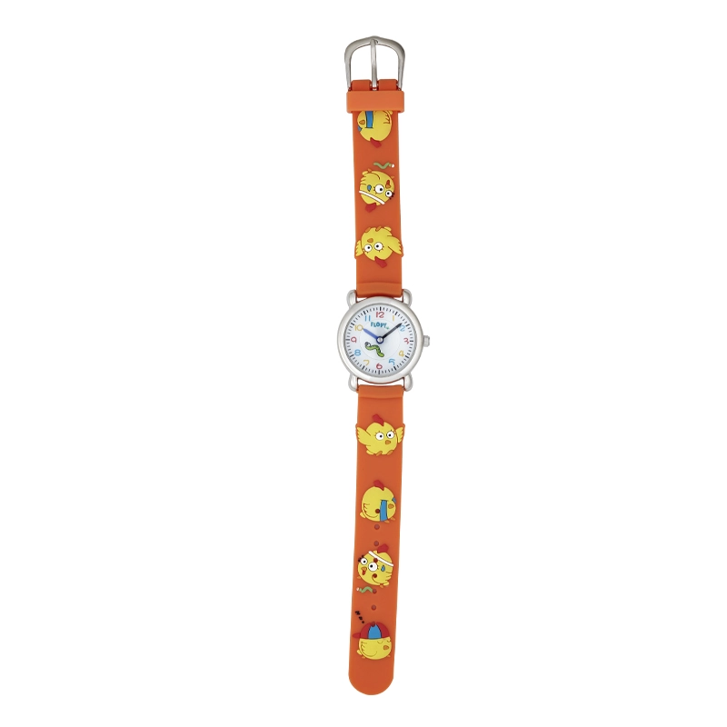 Reloj Flopy análogo, para Niño(a), tablero redondo color blanco, estilo arábigos, pulso silicona color naranja