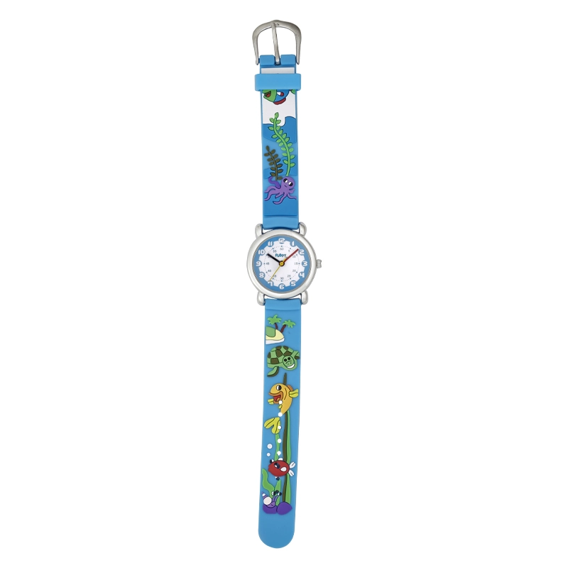 Reloj Flopy analogo, para Niño(a), tablero redondo colores blanco, azul, rojo y amarillo, estilo arabigos, pulso silicona color azul