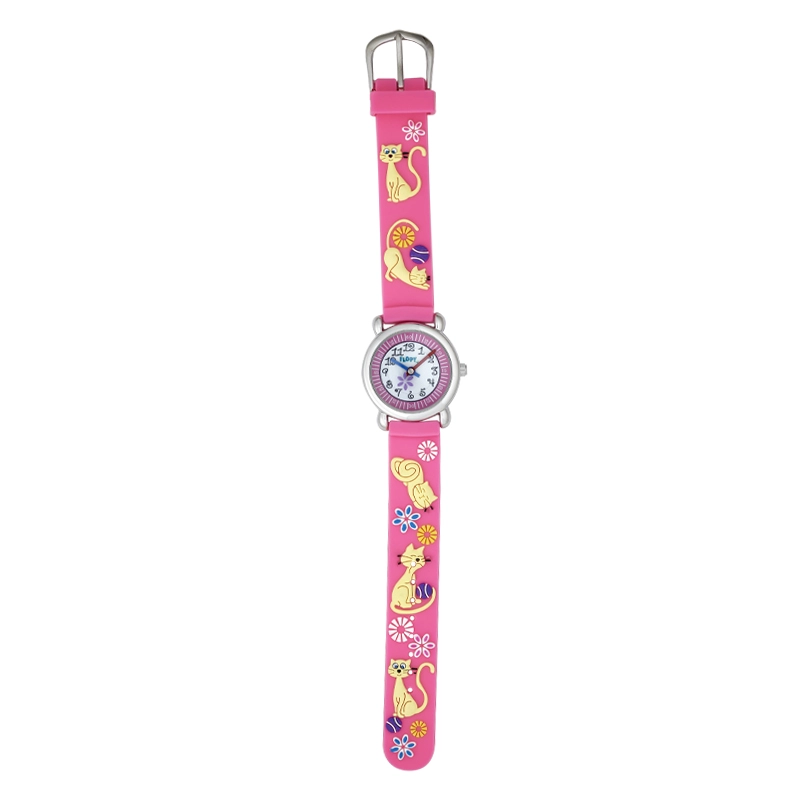 Reloj Flopy analogo, para Niño(a), tablero redondo colores blanco y rosado, estilo arabigos, pulso plastico color rosado