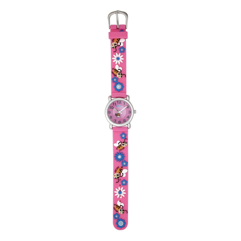 Reloj Flopy analogo, para Niño(a), tablero redondo color rosado, estilo arabigos, pulso plastico color rosado
