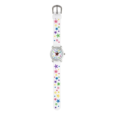 Reloj Flopy analogo, para Niño(a), tablero redondo color blanco, estilo puntos + arabigo, pulso plastico color blanco