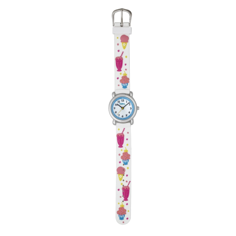Reloj Flopy analogo, para Niño(a), tablero redondo color blanco, estilo arabigos, pulso plastico color blanco