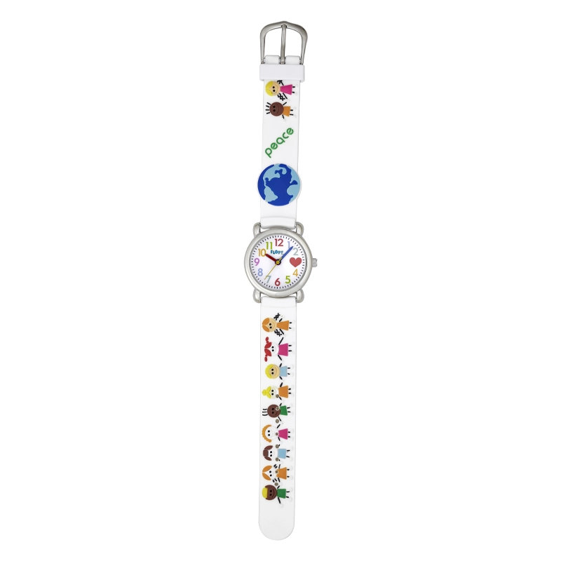 Reloj Flopy analogo, para Niño(a), tablero redondo color blanco, estilo arabigos, pulso plastico color blanco