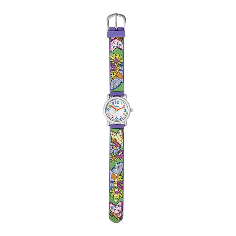 Reloj Flopy analogo, para Niño(a), tablero redondo colores blanco, azul, morado, rosado y verde, estilo arabigos, pulso silicona color morado
