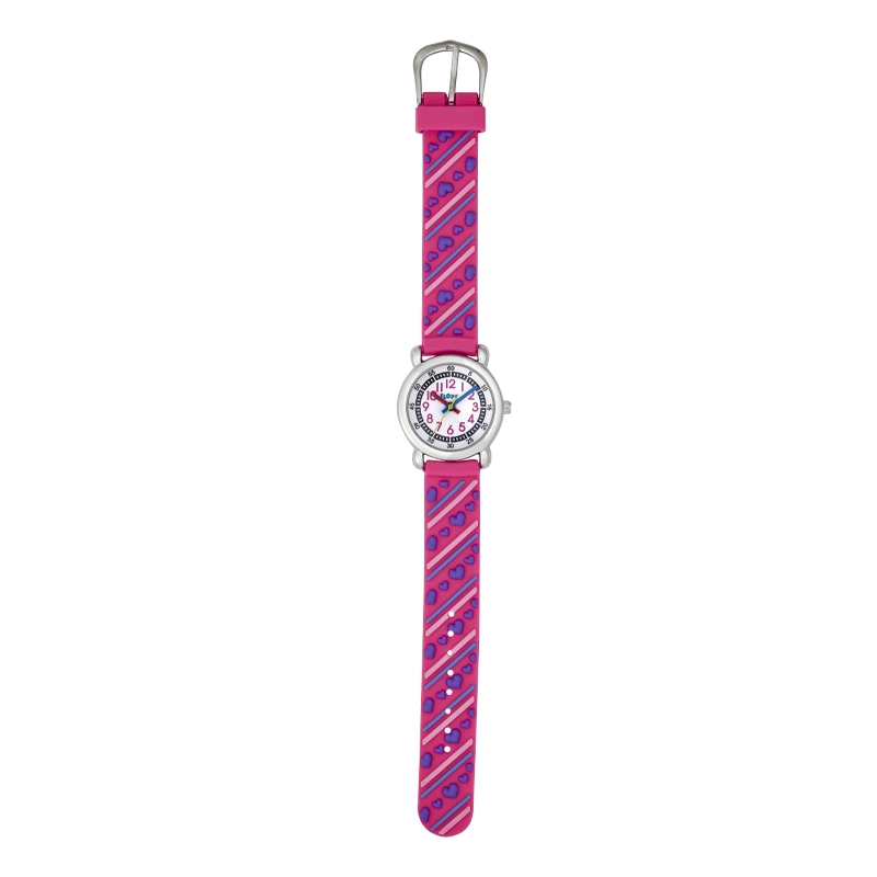 Reloj Flopy analogo, para Niño(a), tablero redondo colores blanco, rosado, azul y amarillo, estilo arabigos, pulso silicona color rosado