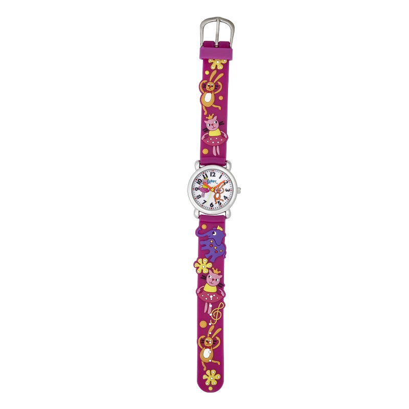 Reloj Flopy analogo, para Niño(a), tablero redondo colores blanco, rojo y verde, estilo arabigos, pulso silicona color fucsia