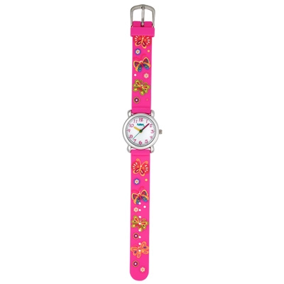 Reloj Flopy analogo, para Niño(a), tablero redondo colores blanco, rosado, amarillo y verde, estilo arabigos, pulso silicona color rosado