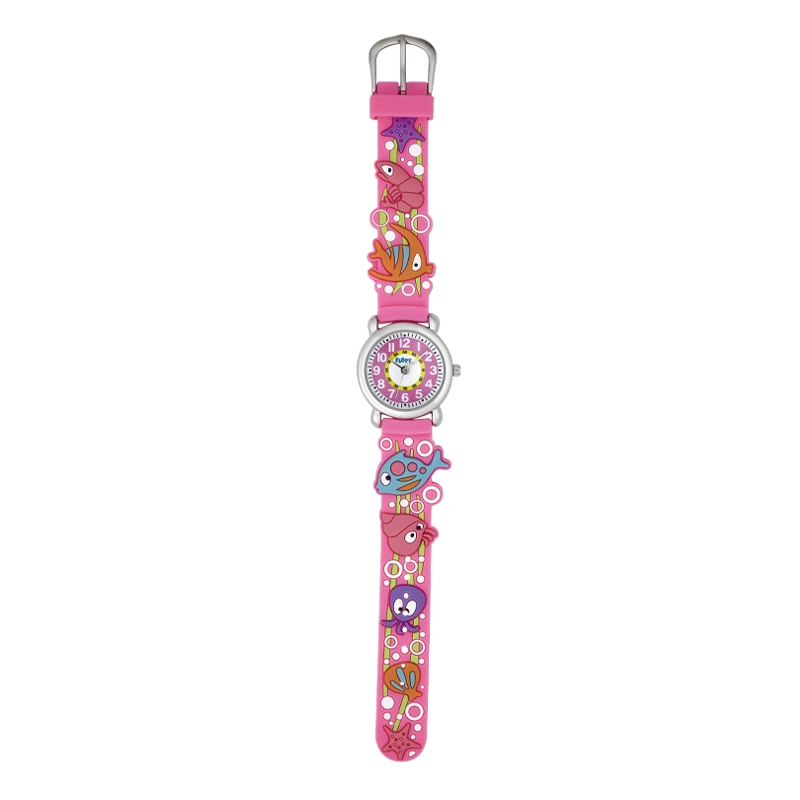 Reloj Flopy analogo, para Niño(a), tablero redondo colores rosado, blanco y amarillo, estilo arabigos, pulso silicona color rosado
